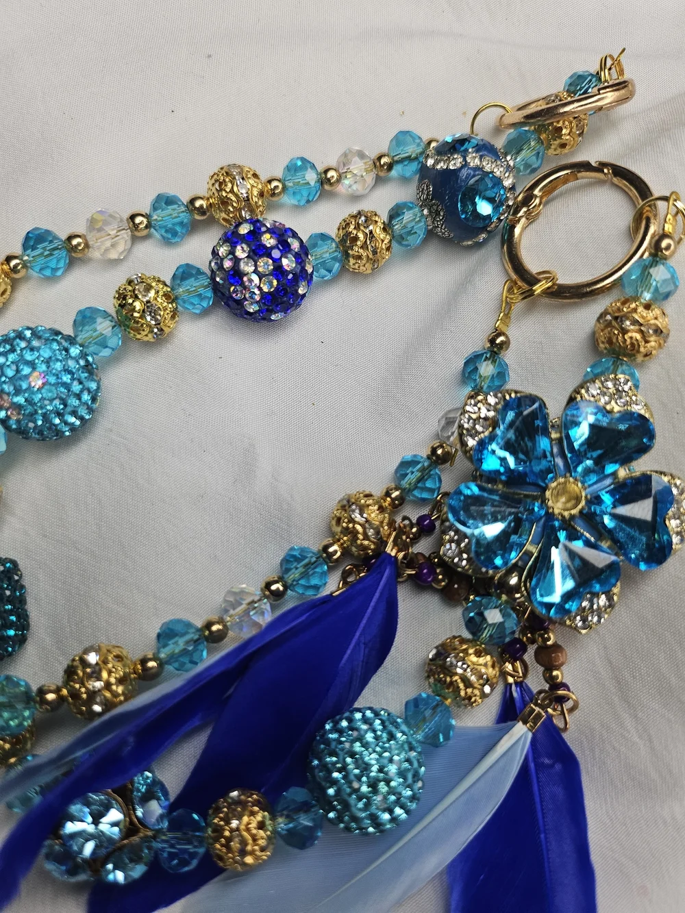 Elegant Gold & Blue Beaded Feather Earrings Necklace Set